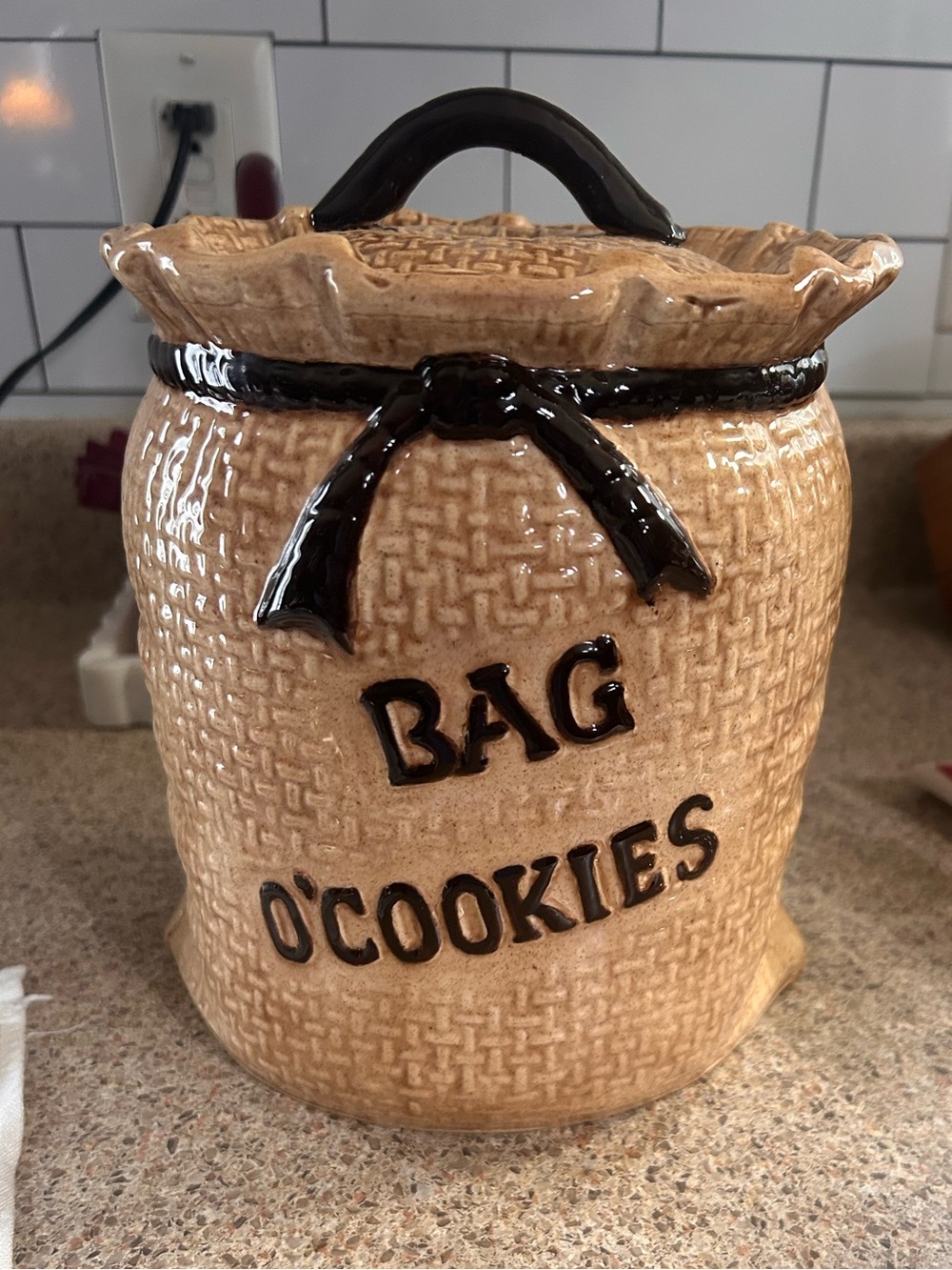 Vintage 1970s Canadian "Bag O' Cookies" Ceramic Jar | Rustic Farmhouse Kitchen